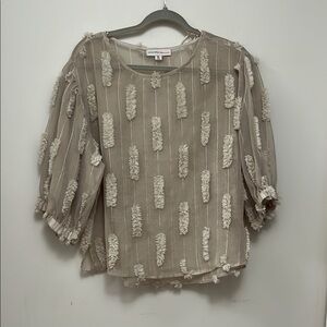 Tan Boxy Blouse with Ruffled 3/4 Sleeves